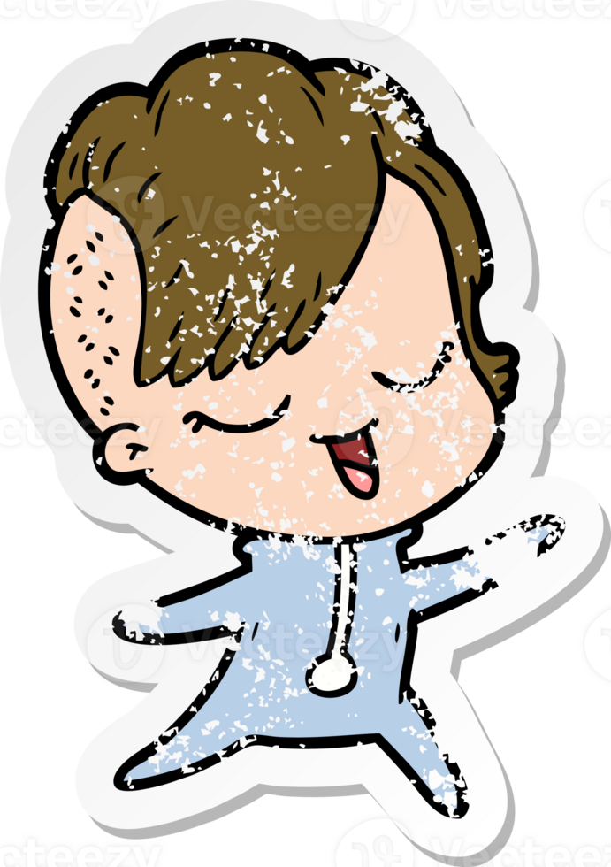 distressed sticker of a happy cartoon girl in onesie png