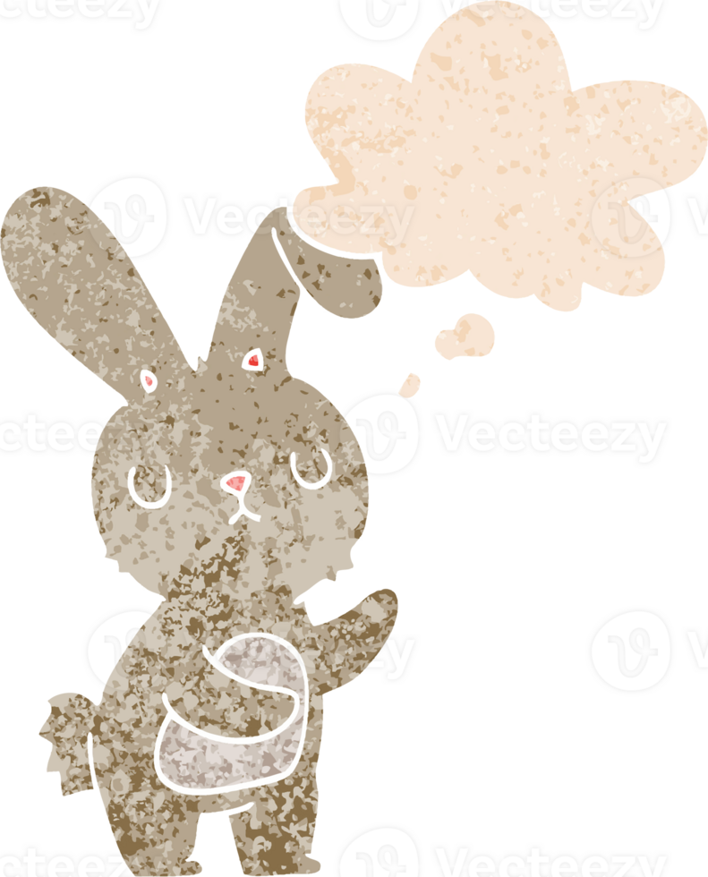 cute cartoon rabbit with thought bubble in grunge distressed retro textured style png