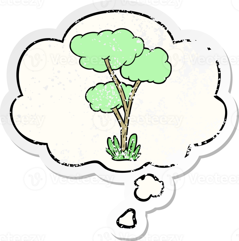 cartoon tree with thought bubble as a distressed worn sticker png