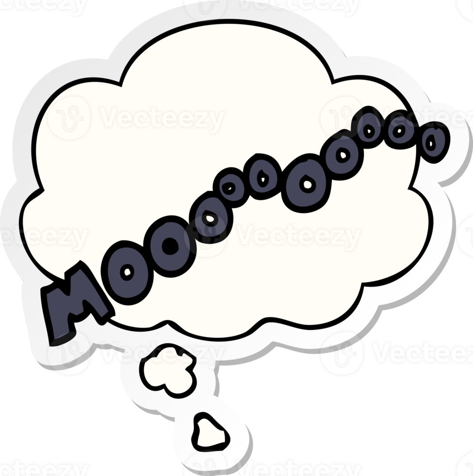 cartoon moo noise with thought bubble as a printed sticker png