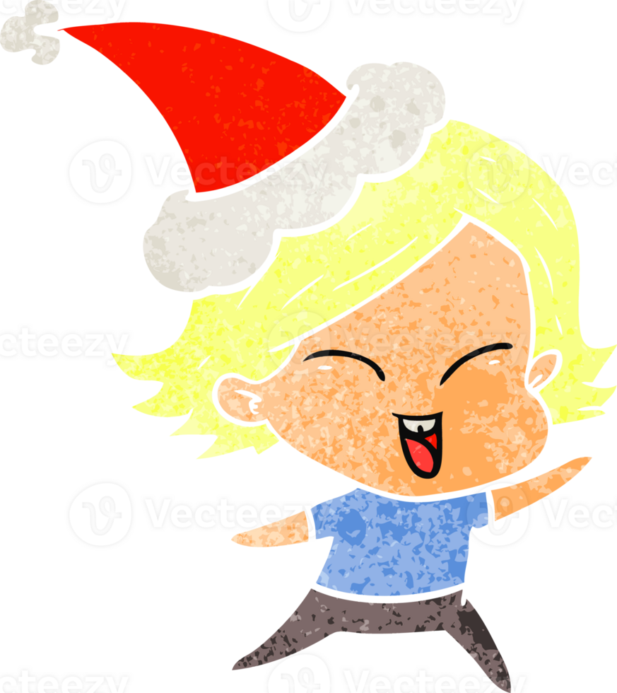 happy hand drawn retro cartoon of a girl wearing santa hat png