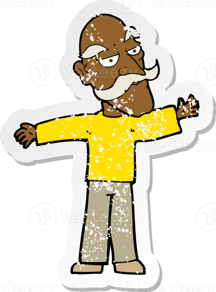 retro distressed sticker of a cartoon old man spreading arms wide png