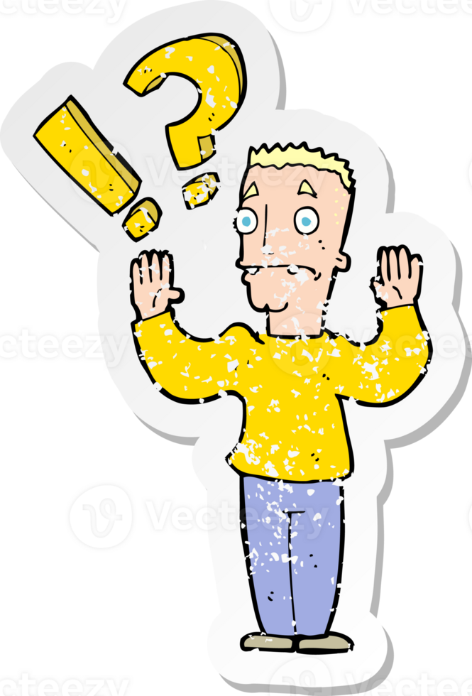 retro distressed sticker of a cartoon confused man png