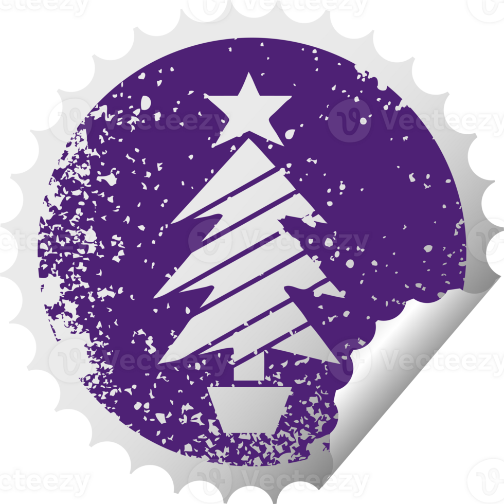 distressed circular peeling sticker symbol of a christmas tree png