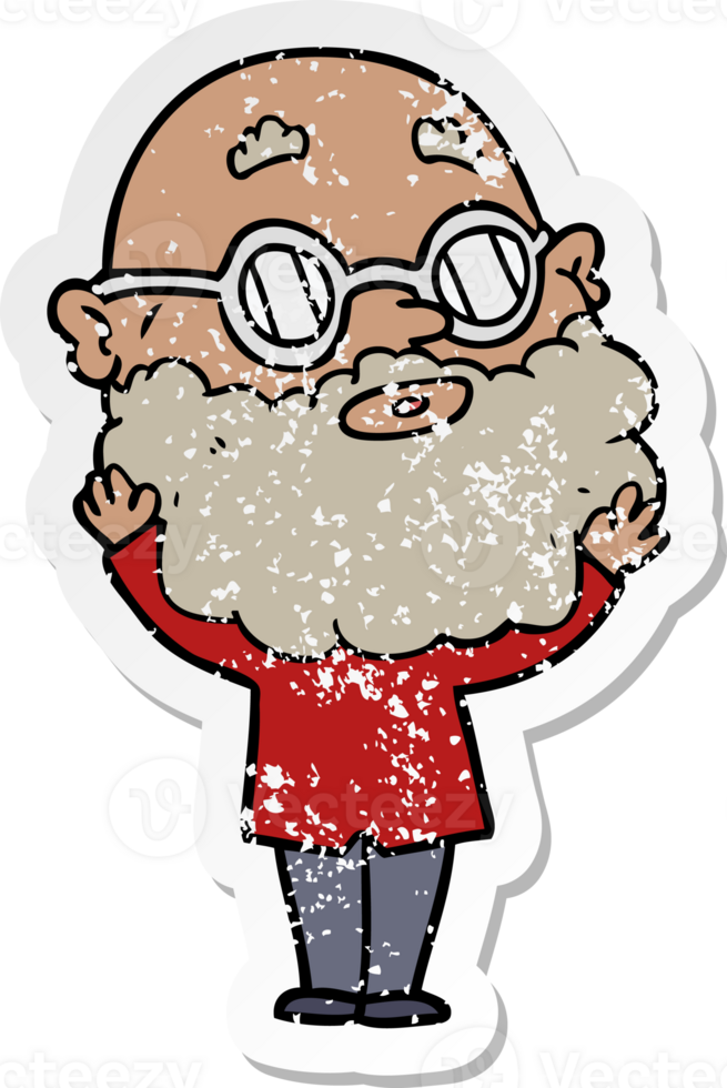 distressed sticker of a cartoon curious man with beard and glasses png