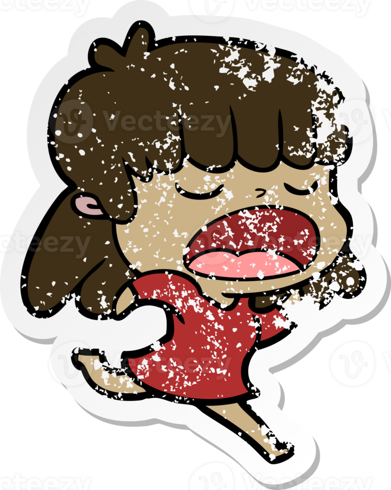 distressed sticker of a cartoon woman talking loudly png
