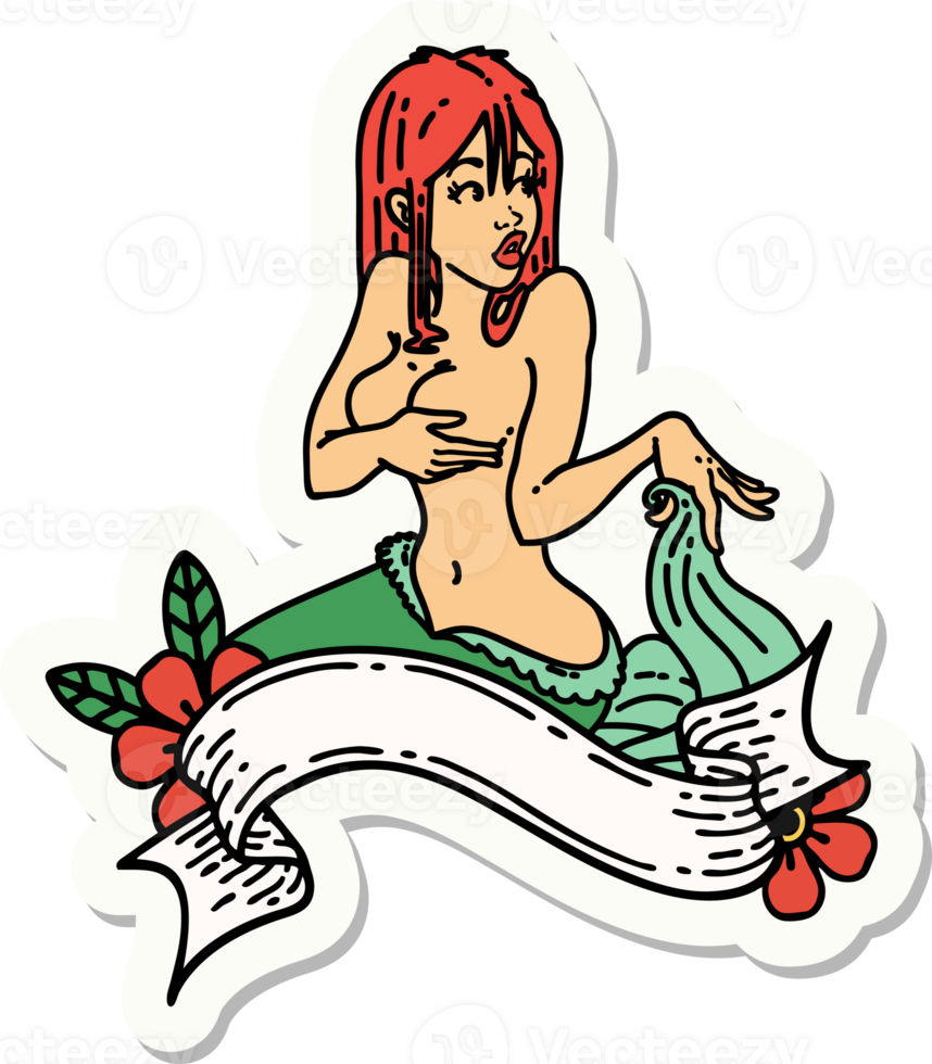 sticker of tattoo in traditional style of a pinup mermaid with banner png