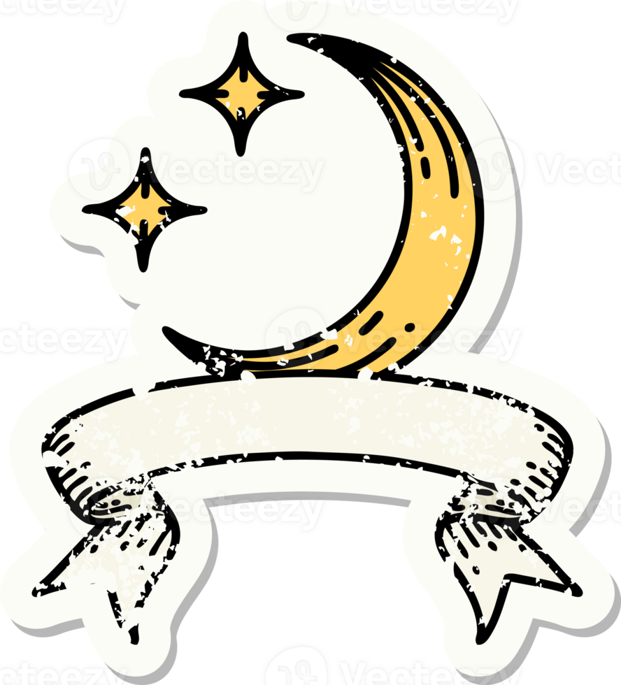 worn old sticker with banner of a moon and stars png