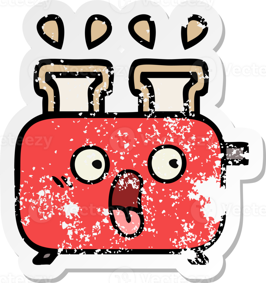 distressed sticker of a cute cartoon of a toaster png