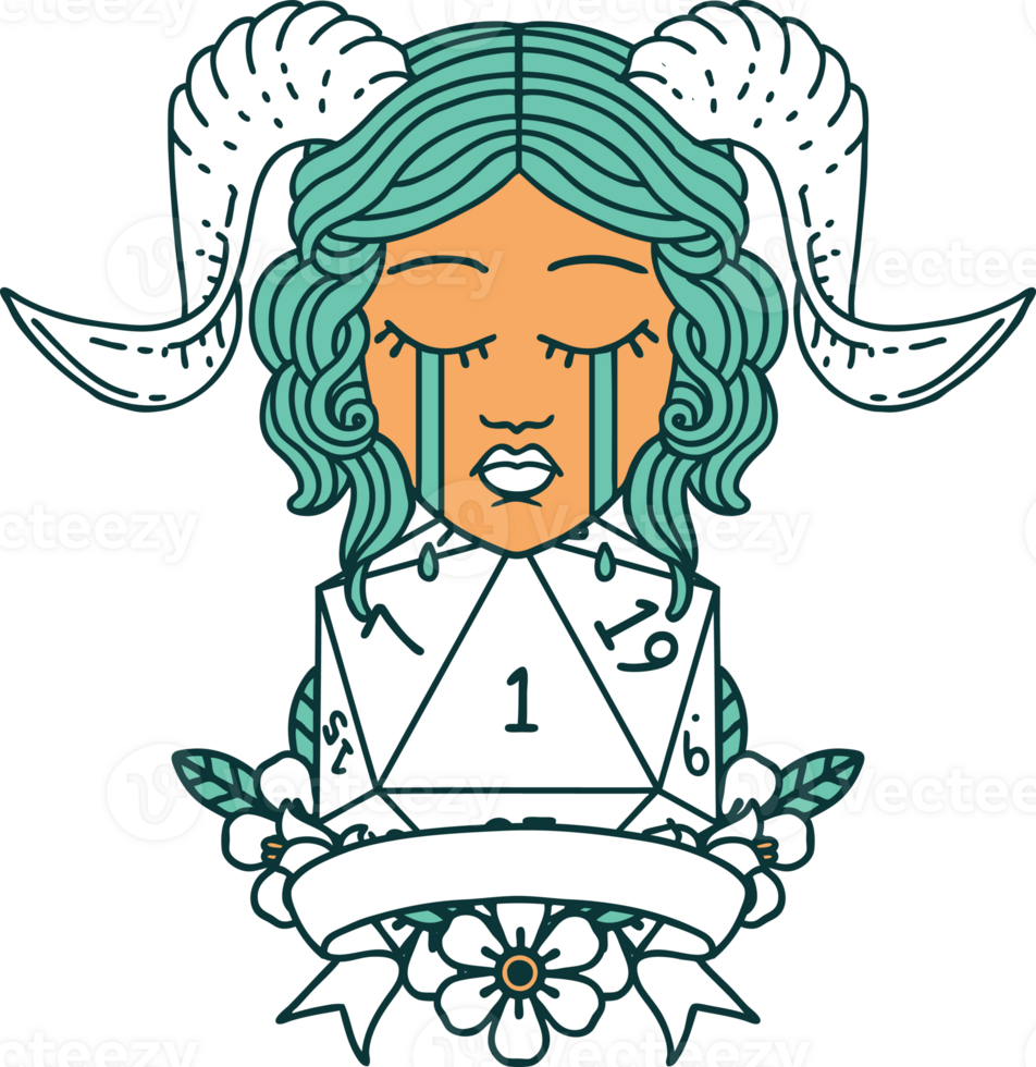 Retro Tattoo Style crying tiefling face with natural 1 D20 Dice png