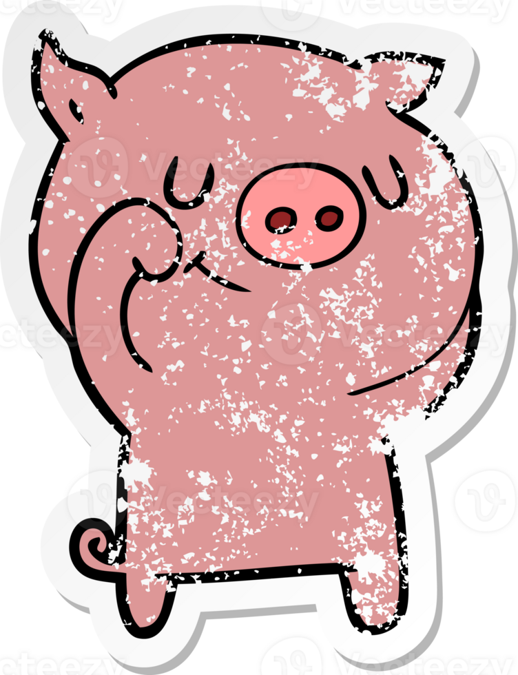 distressed sticker of a happy cartoon pig png