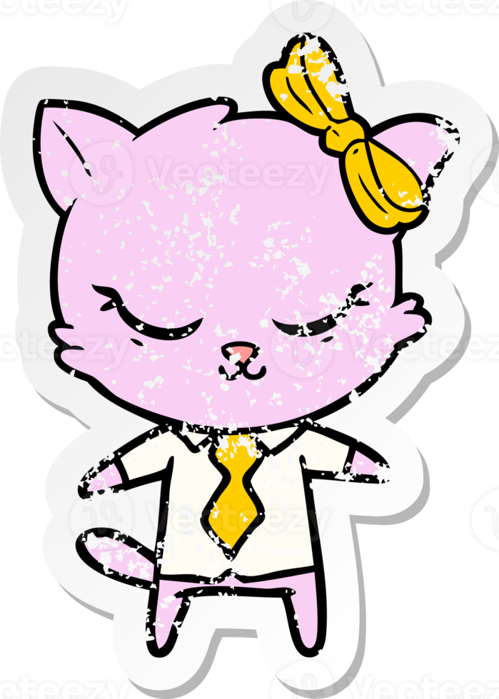 distressed sticker of a cute cartoon business cat with bow png