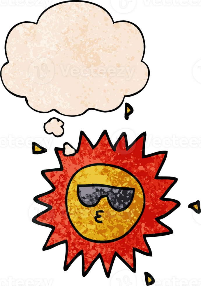 cartoon sun with thought bubble in grunge texture style png