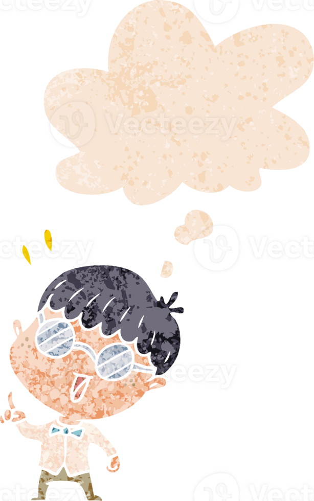 cartoon clever boy with thought bubble in grunge distressed retro textured style png