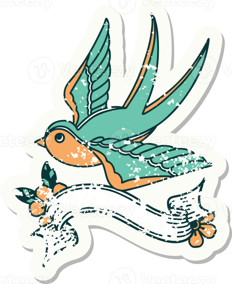 worn old sticker with banner of a swallow png