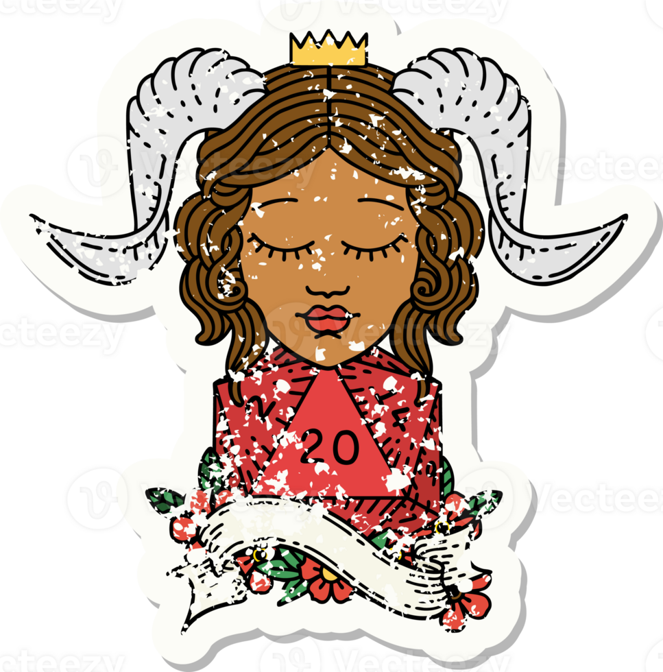 Retro Tattoo Style tiefling with natural twenty dice roll png