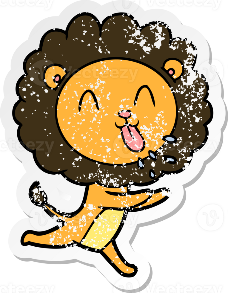 distressed sticker of a happy cartoon lion png