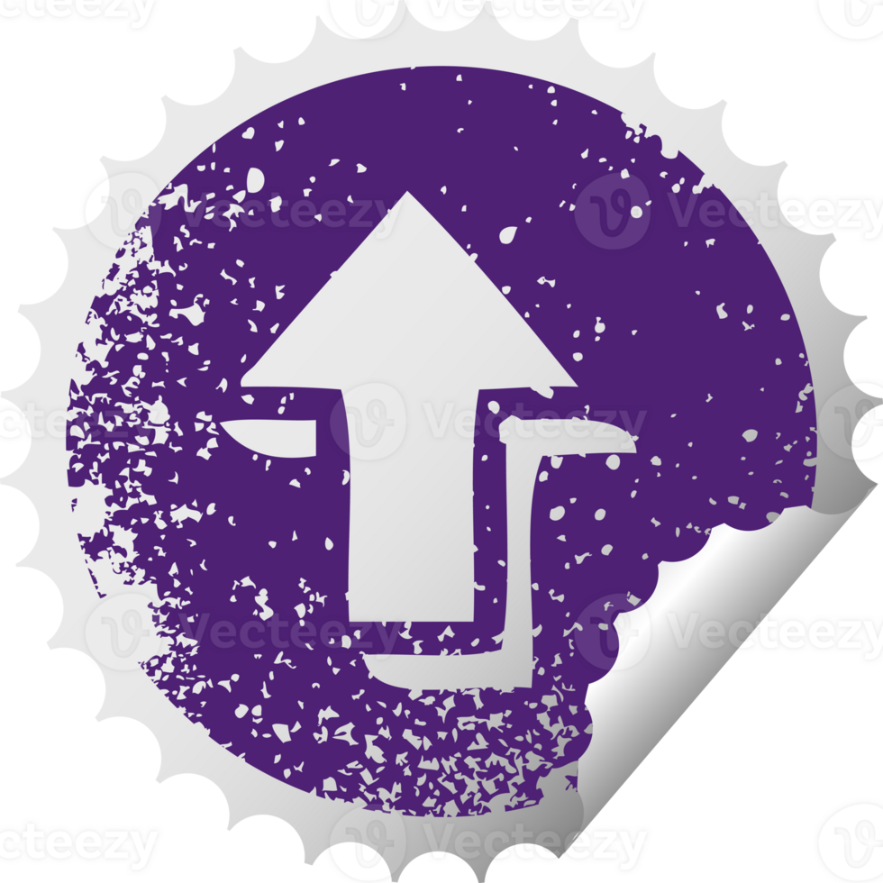 distressed circular peeling sticker symbol of a pointing arrow png