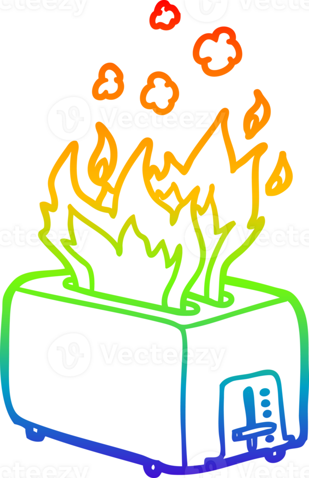 rainbow gradient line drawing of a cartoon burning toaster png