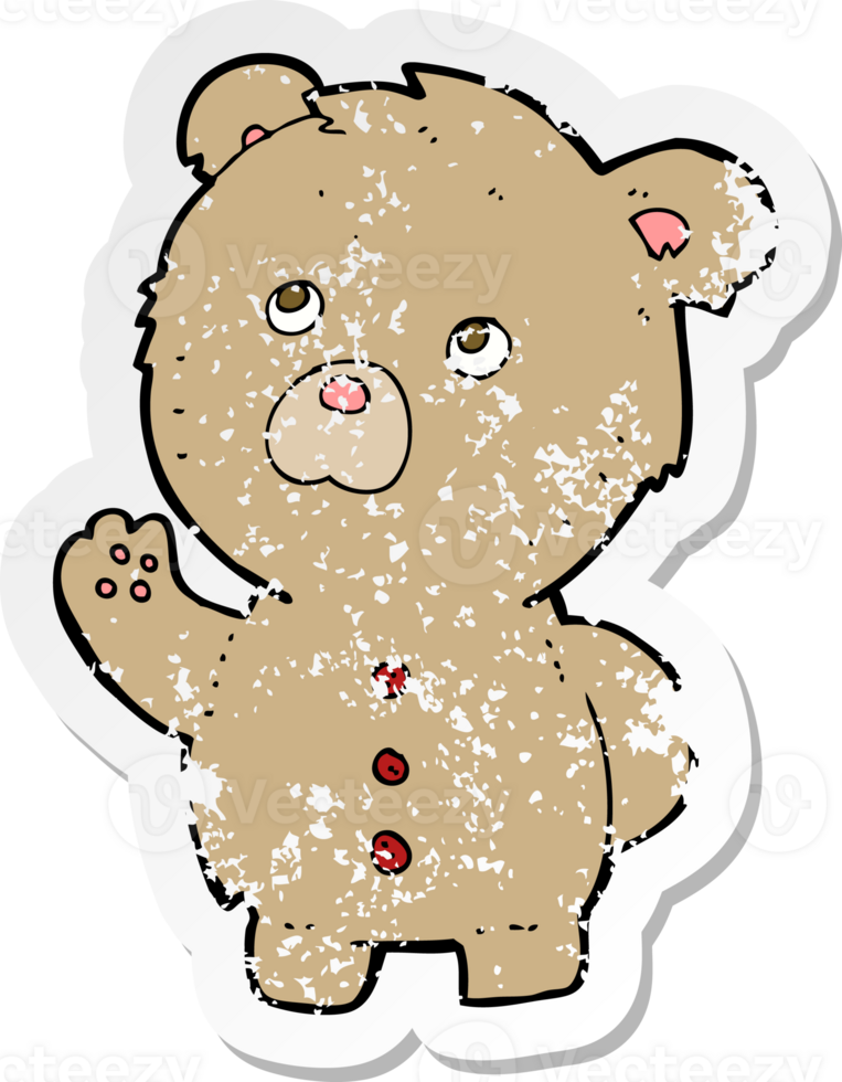 retro distressed sticker of a cartoon waving teddy bear png