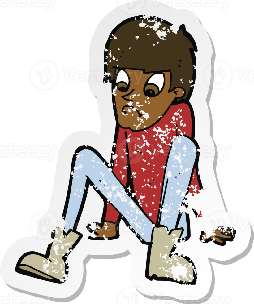 retro distressed sticker of a cartoon boy sitting on floor png