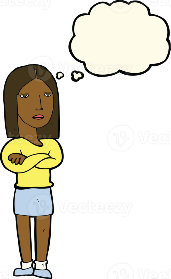 cartoon woman with folded arms with thought bubble png
