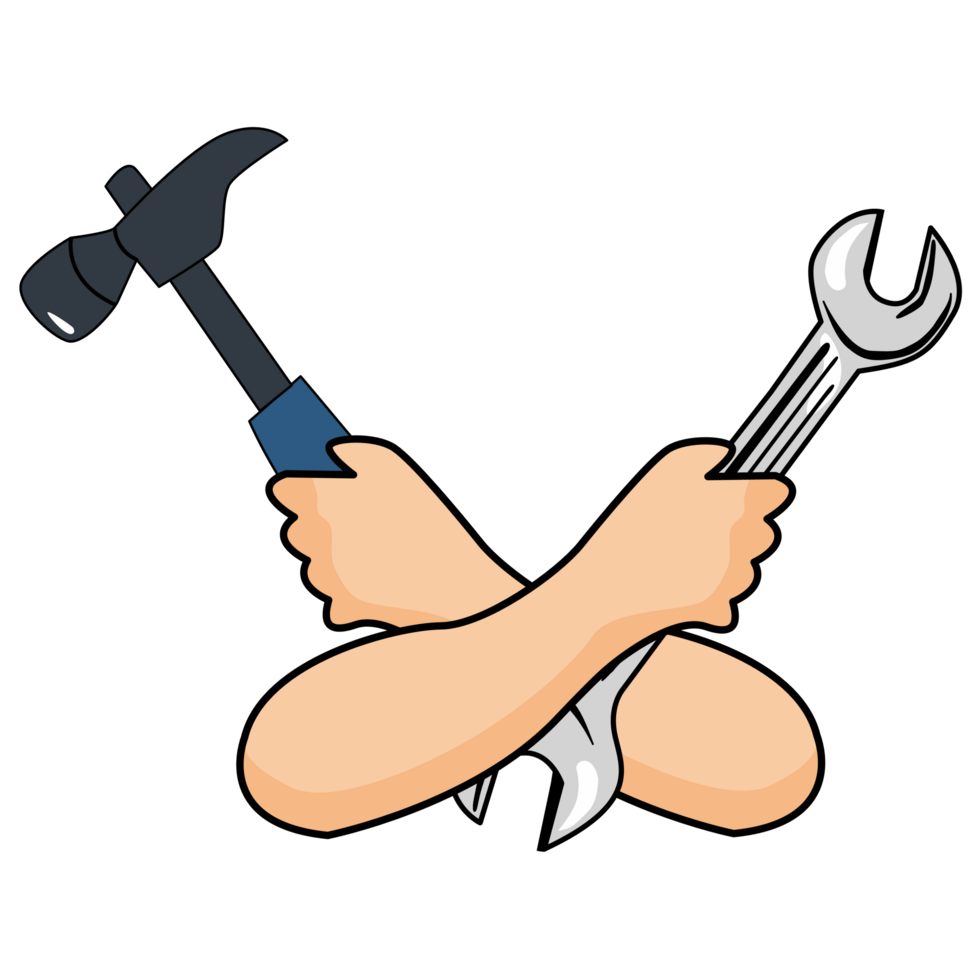 Hand hold wrench and hammer crossed, repair tool. cartoon png