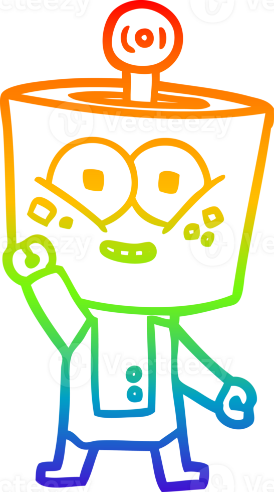 rainbow gradient line drawing of a happy cartoon robot waving hello png