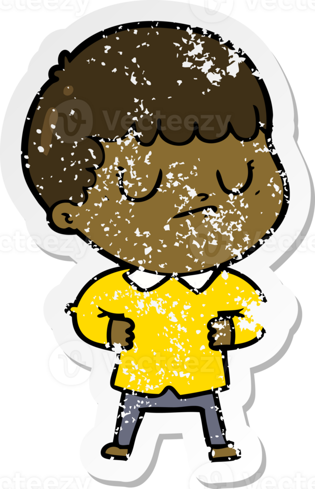 distressed sticker of a cartoon grumpy boy png