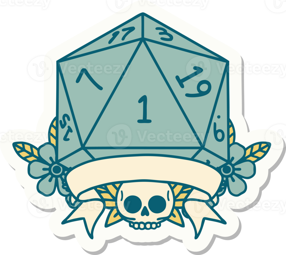 sticker of a natural one d20 dice roll png
