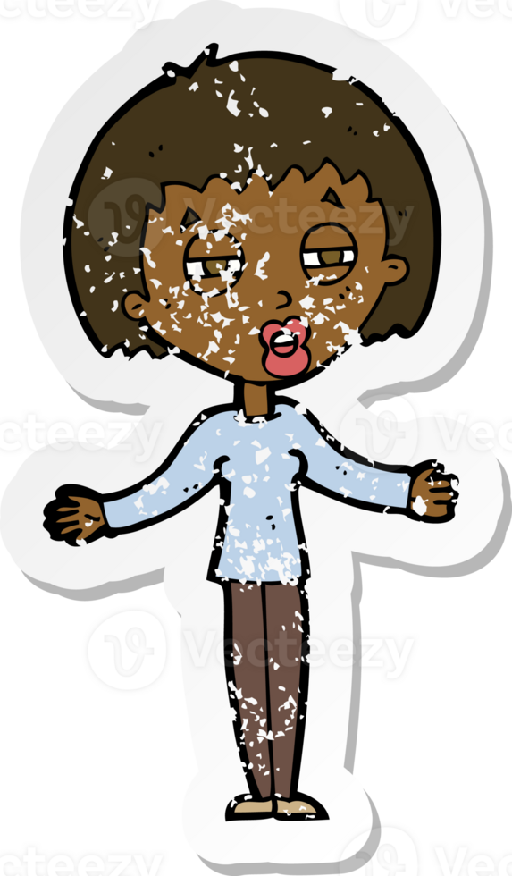 retro distressed sticker of a cartoon suspicious woman png