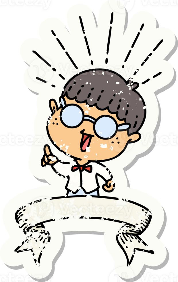 worn old sticker of a tattoo style man with genius idea png