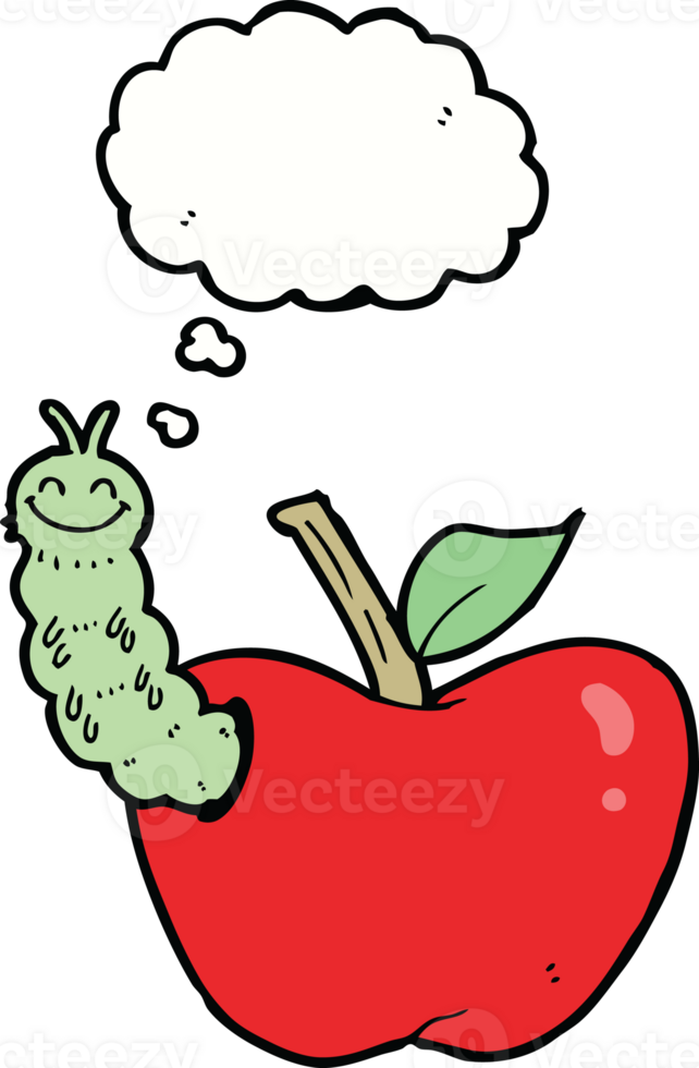 cartoon apple with bug with thought bubble png