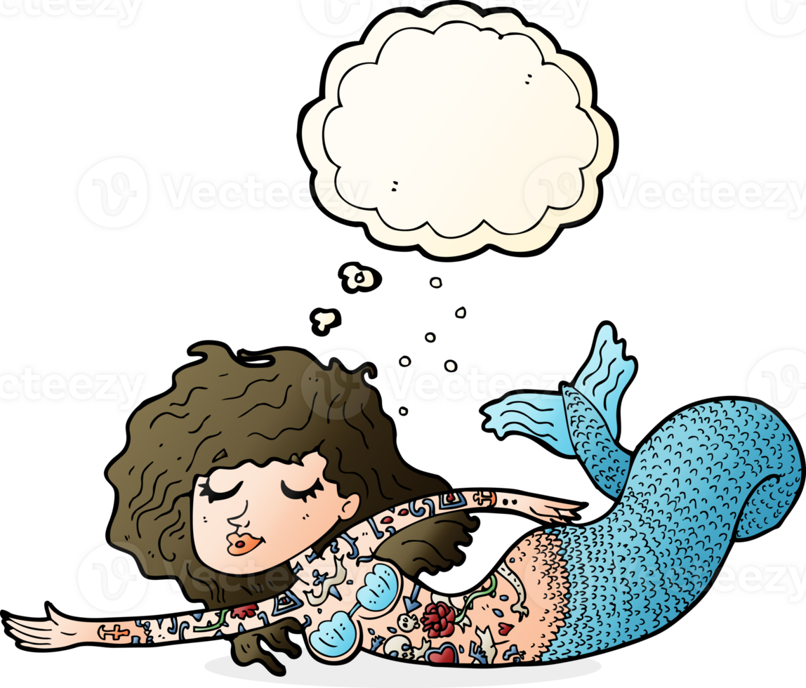 cartoon mermaid covered in tattoos with thought bubble png