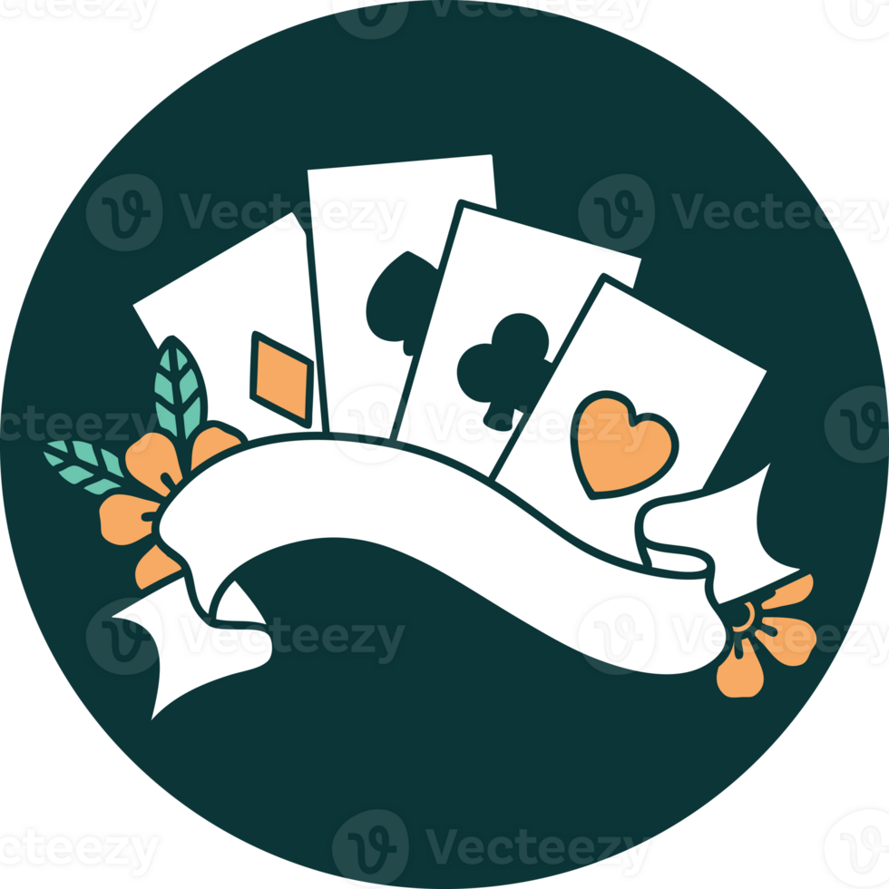 iconic tattoo style image of cards and banner with flowers png
