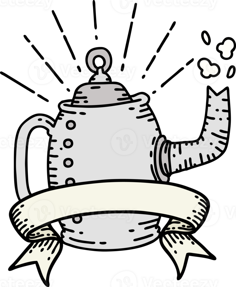 scroll banner with tattoo style old coffee pot steaming png