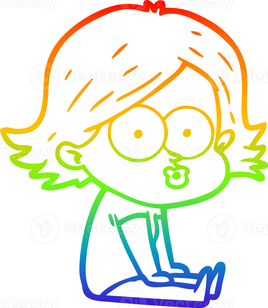 rainbow gradient line drawing of a cartoon girl pouting png