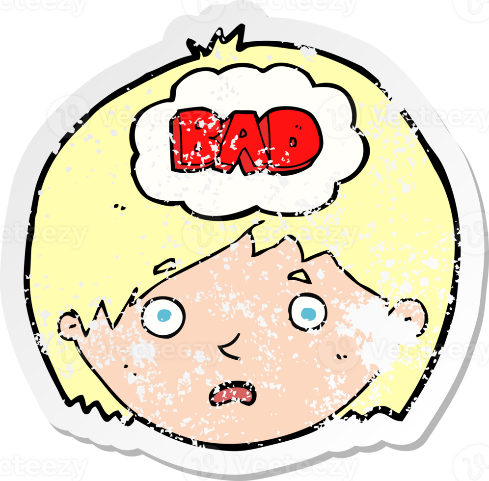 retro distressed sticker of a cartoon boy having bad thoughts png