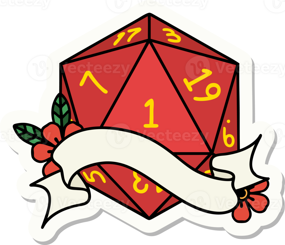 sticker of a natural one d20 dice roll png