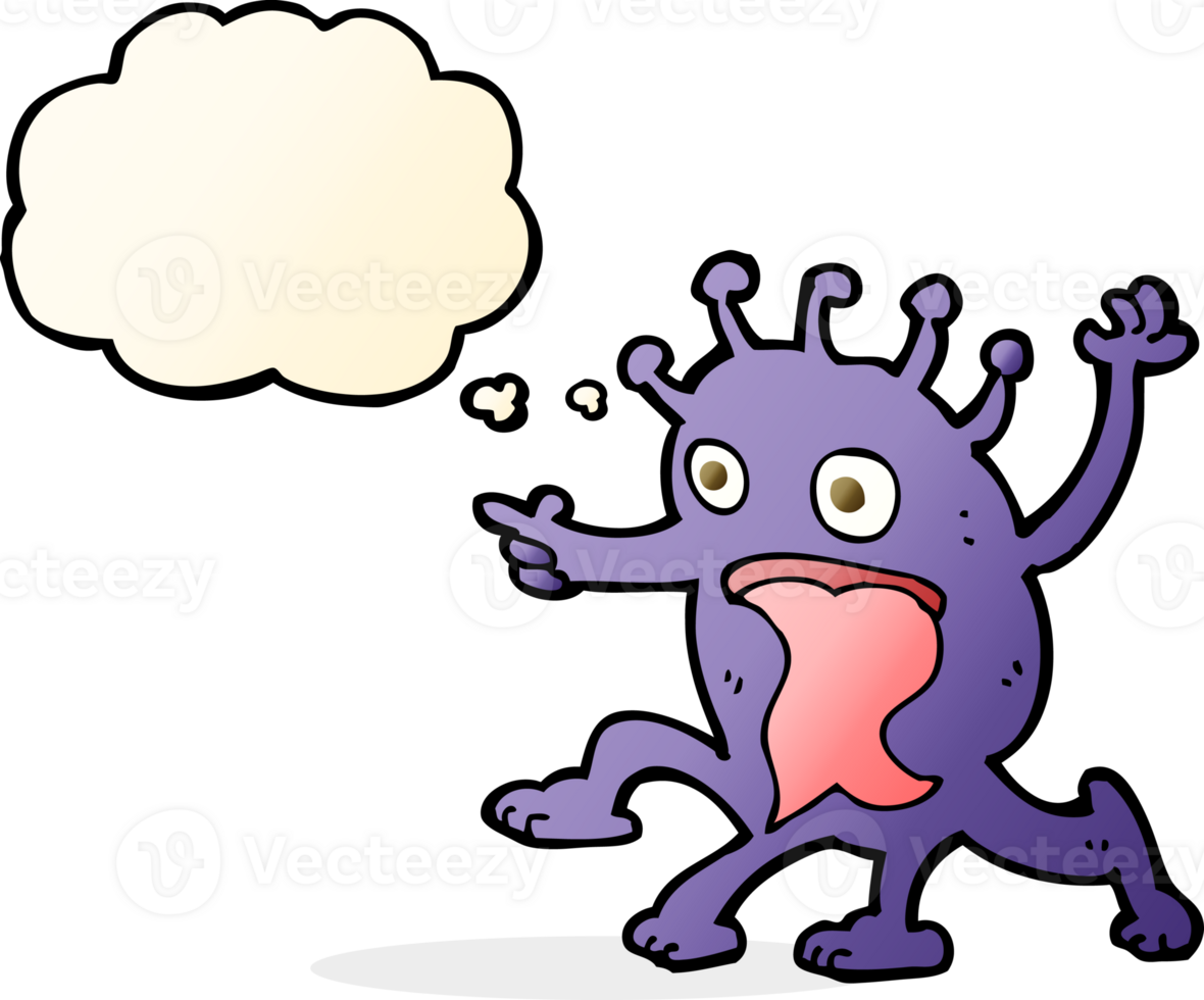 cartoon weird little alien with thought bubble png