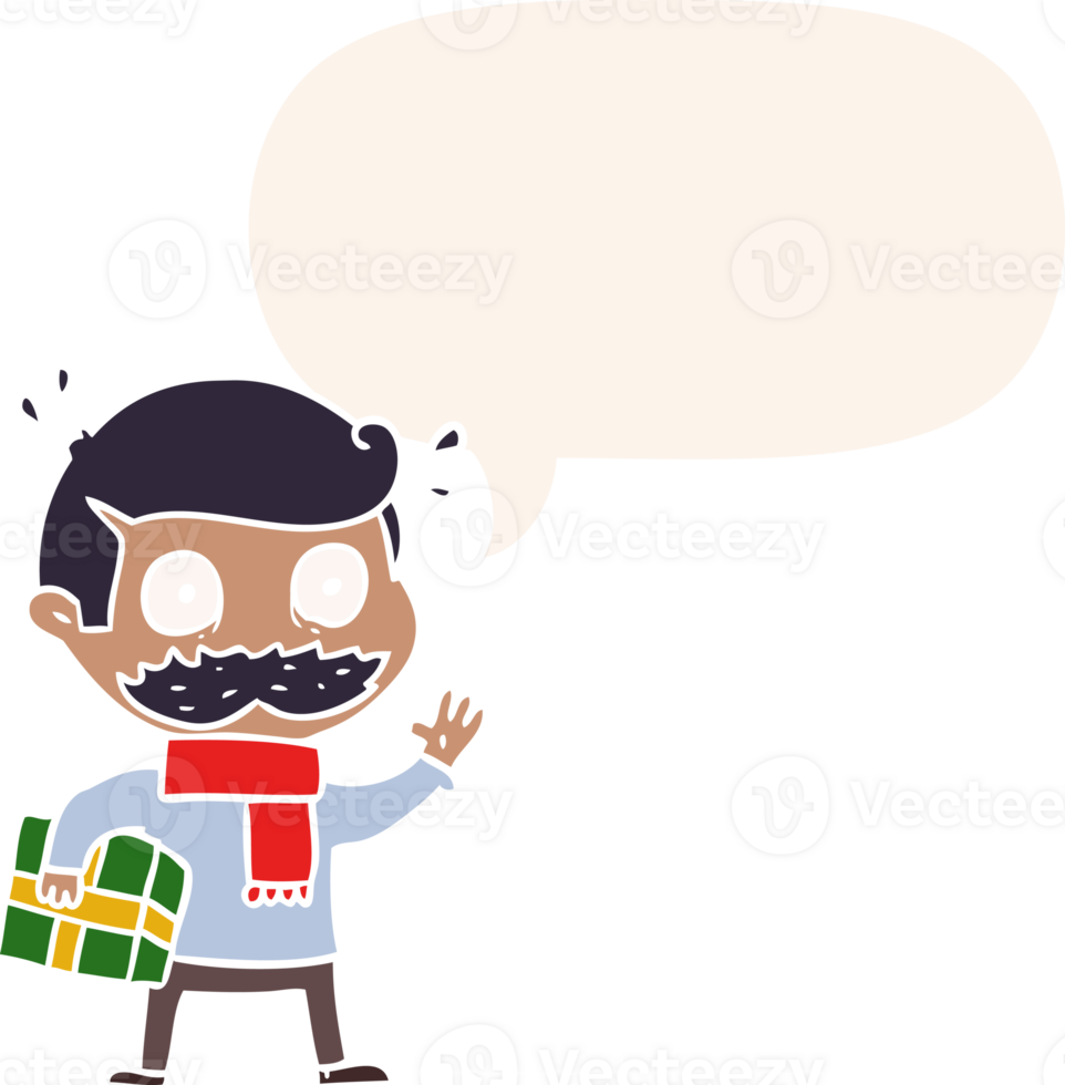 cartoon man with mustache and christmas present with speech bubble in retro style png