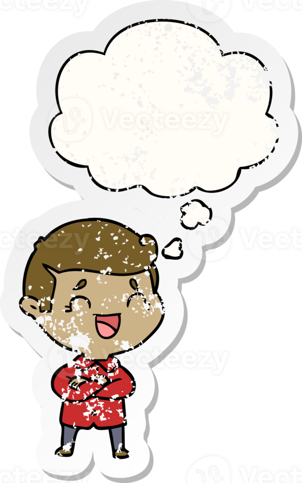 cartoon laughing man with thought bubble as a distressed worn sticker png
