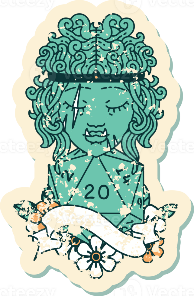 Retro Tattoo Style half orc barbarian character with natural twenty dice roll png