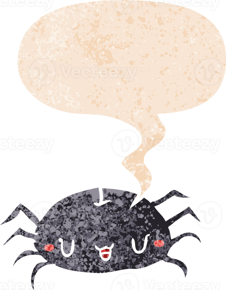 cartoon spider with speech bubble in grunge distressed retro textured style png
