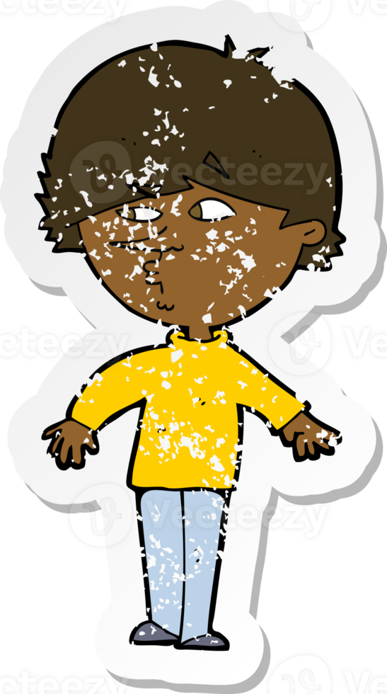 retro distressed sticker of a cartoon suspicious man looking over shoulder png