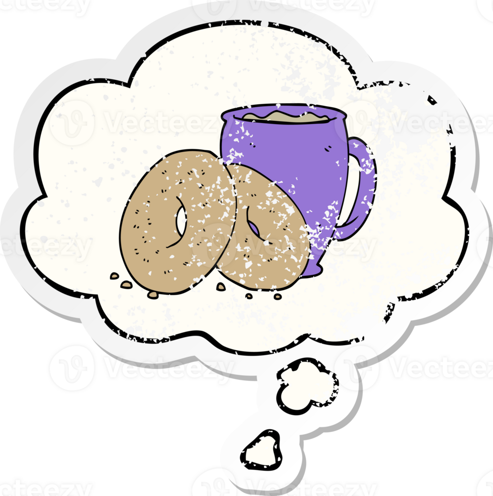 cartoon coffee and donuts with thought bubble as a distressed worn sticker png