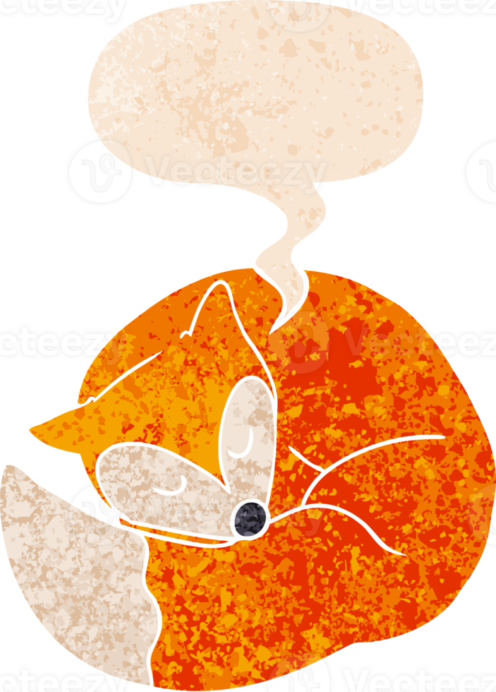 cartoon sleeping fox with speech bubble in grunge distressed retro textured style png