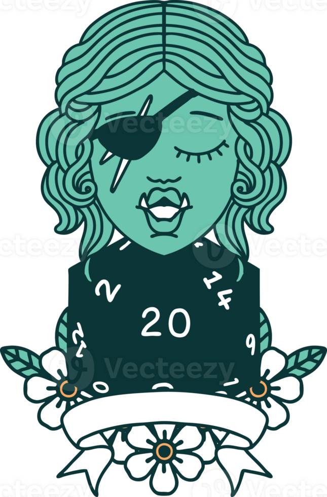 Retro Tattoo Style half orc rogue character with natural twenty dice roll png