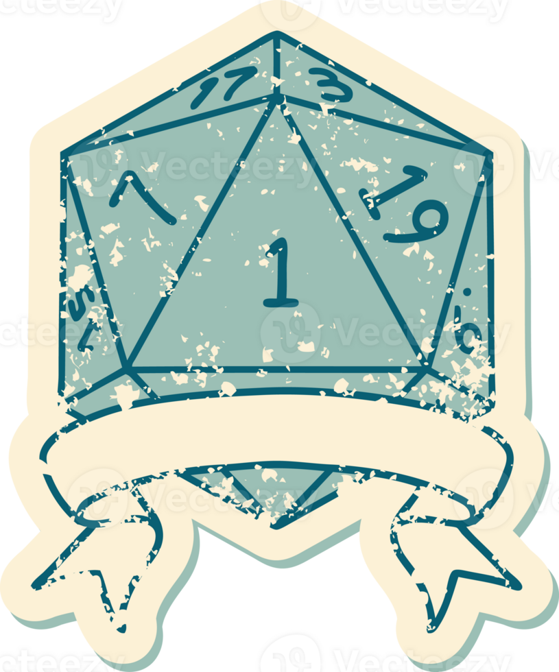 Retro Tattoo Style natural one d20 dice roll png