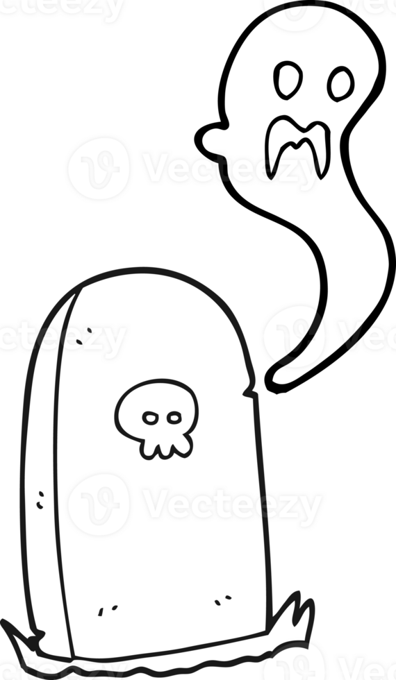 hand drawn black and white cartoon ghost rising from grave png